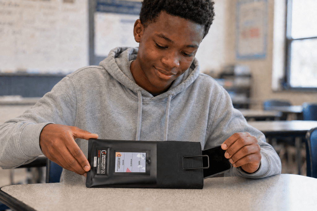 Student placing a phone inside a Generation Faraday non-signal-blocking phone bag